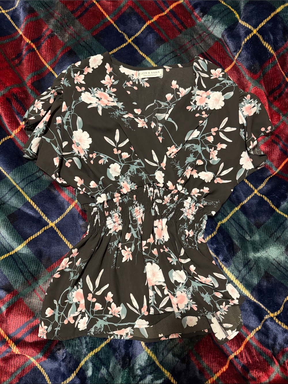 Jon & Anna Black Floral Smocked Blouse with Pink & Cream Blossoms